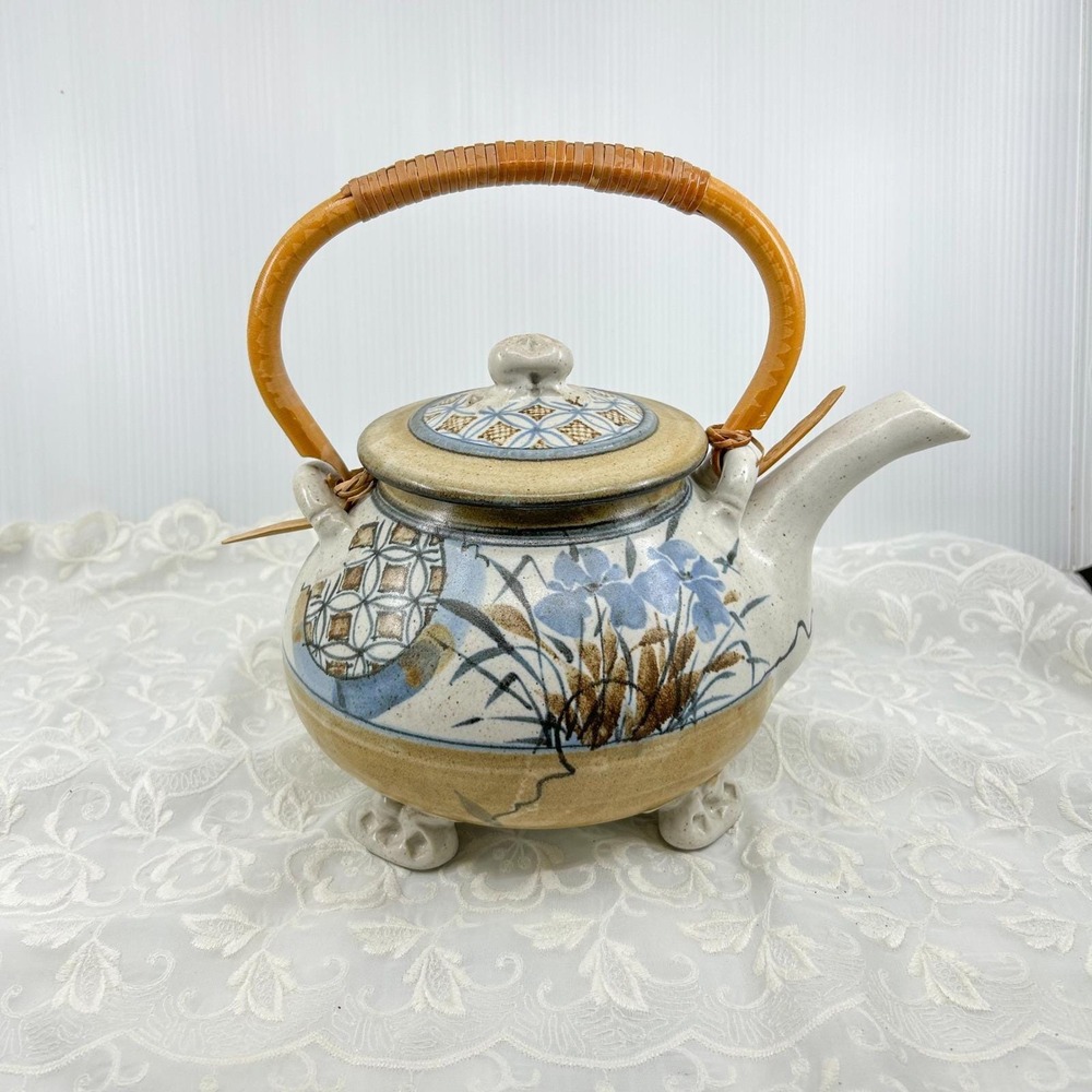 Vintage Ceramic Teapot Boho Hand‑Painted Pottery Bamboo Handle Earthy Floral